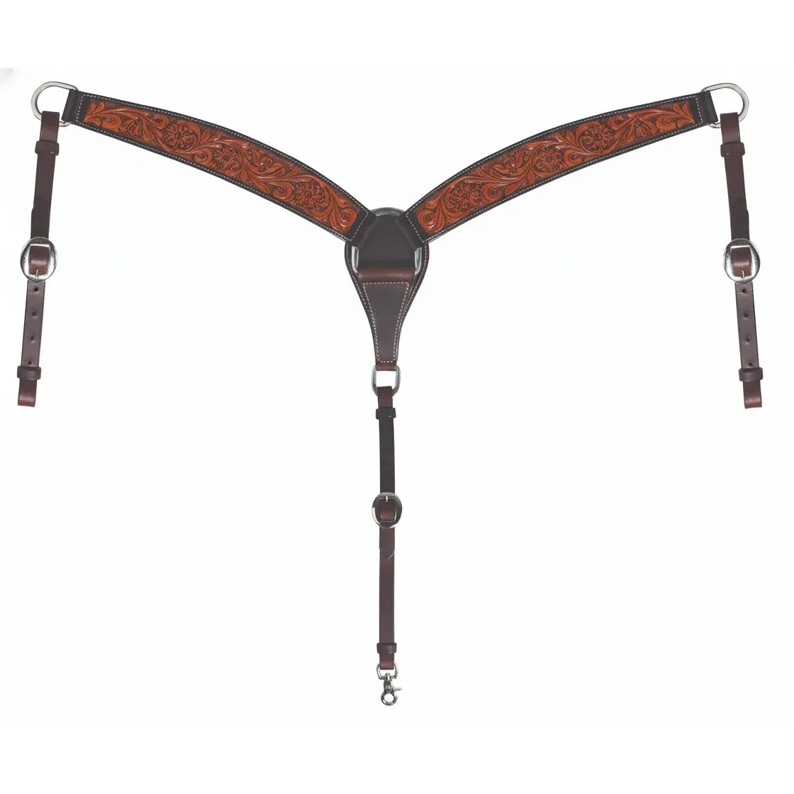 Professional's Choice Prairie Flower Two-Tone Tooled Leather Western Roper Breast Collar for standard size horses. Features intricate hand-tooled floral patterns in cognac leather framed by a dark brown border with white contrast stitching. This durable western horse tack includes stainless steel hardware, adjustable tug straps, and a snap-on center down strap. Ideal for ranch work, roping, or trail riding, offering a classic western look and reliable performance.