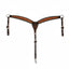 Professional's Choice Buckstitched Filigree Leather Breast Collar in Black/Natural. This 2-inch wide western horse breastplate features hand-tooled floral filigree and white buckstitching. Polished silver hardware and adjustable straps with a center snap ensure a secure fit for average horses. High-quality leather horse tack for western riding, barrel racing, and performance.