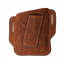 Professional's Choice Antique Floral Tooled Leather Cell Phone and Knife Holder featuring rich brown leather with intricate hand-tooled floral patterns and contrast white stitching. This versatile dual belt holster measures 6.75" x 3.25" and includes side loops and a central clip for secure attachment. A ruggedly elegant western-style accessory perfect for everyday carry or a classic cowboy look.