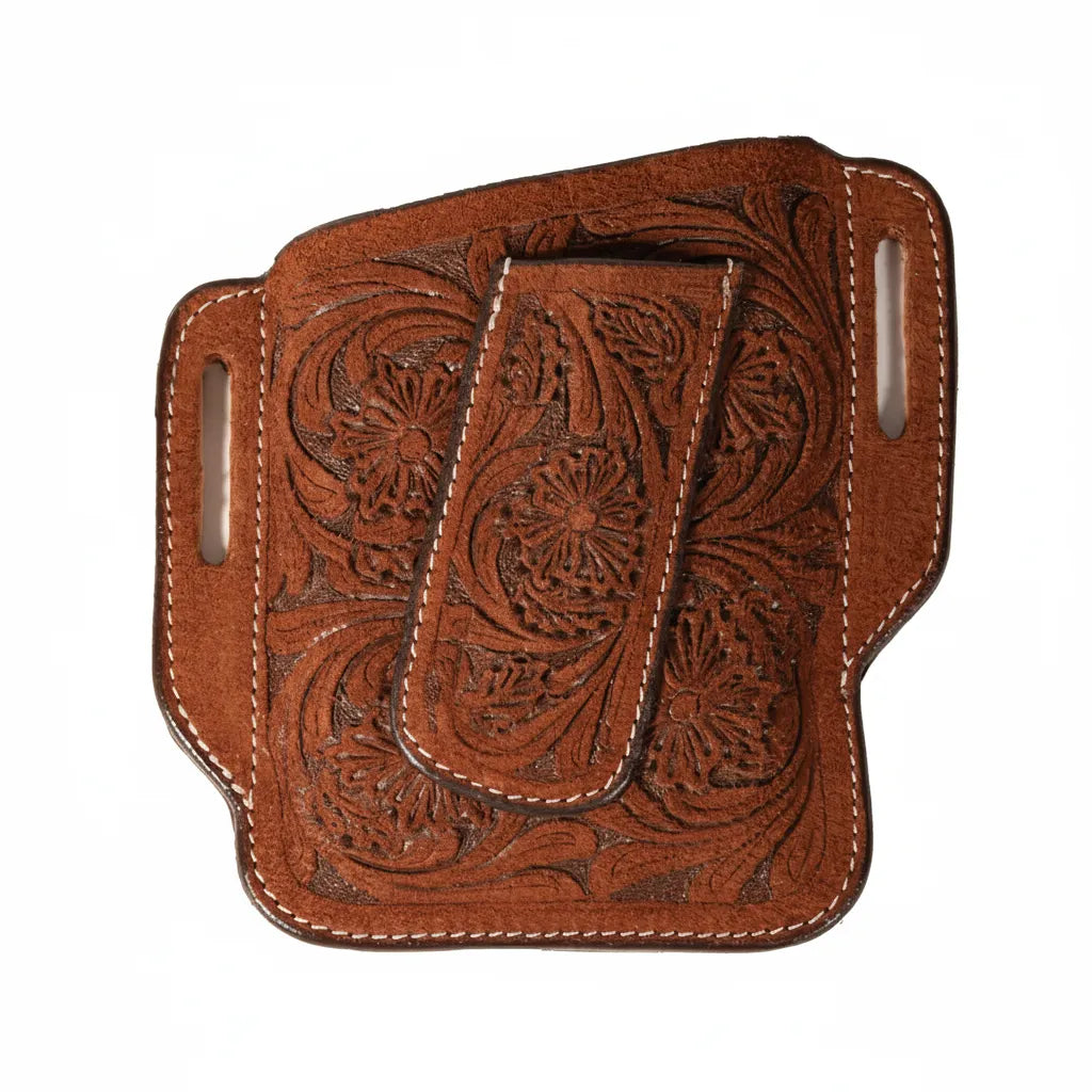 Professional's Choice Antique Floral Tooled Leather Cell Phone and Knife Holder featuring rich brown leather with intricate hand-tooled floral patterns and contrast white stitching. This versatile dual belt holster measures 6.75" x 3.25" and includes side loops and a central clip for secure attachment. A ruggedly elegant western-style accessory perfect for everyday carry or a classic cowboy look.