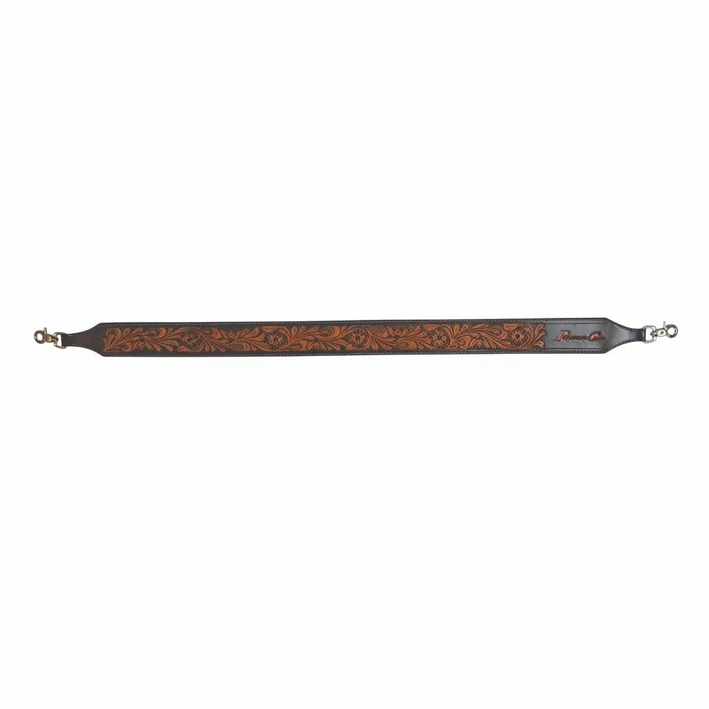 Professional's Choice Prairie Flower hand-tooled leather rope can strap in dark brown with intricate floral tooling. This premium Western-style accessory features durable brass swivel snap hooks for secure attachment. Measuring 42.5" in total length, it combines rugged functionality with elegant craftsmanship, making it a stylish addition to any equestrian's gear collection. Perfect for carrying rope cans with classic cowboy flair.