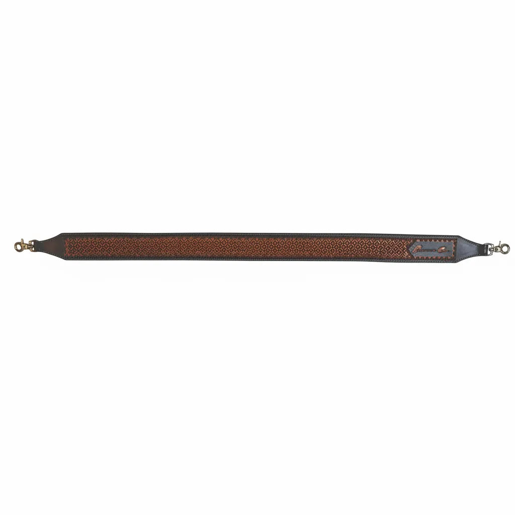 Professional's Choice Geometric Hand-Tooled Leather Rope Can Strap in chocolate brown with an intricate basketweave-style geometric pattern. This 2-inch wide strap is adjustable from 38.5" to 42.5" and features heavy-duty metal swivel lobster claw clips on both ends for easy attachment. A premium western accessory for equestrians, blending professional-grade durability with high-quality hand-tooled leather craftsmanship.