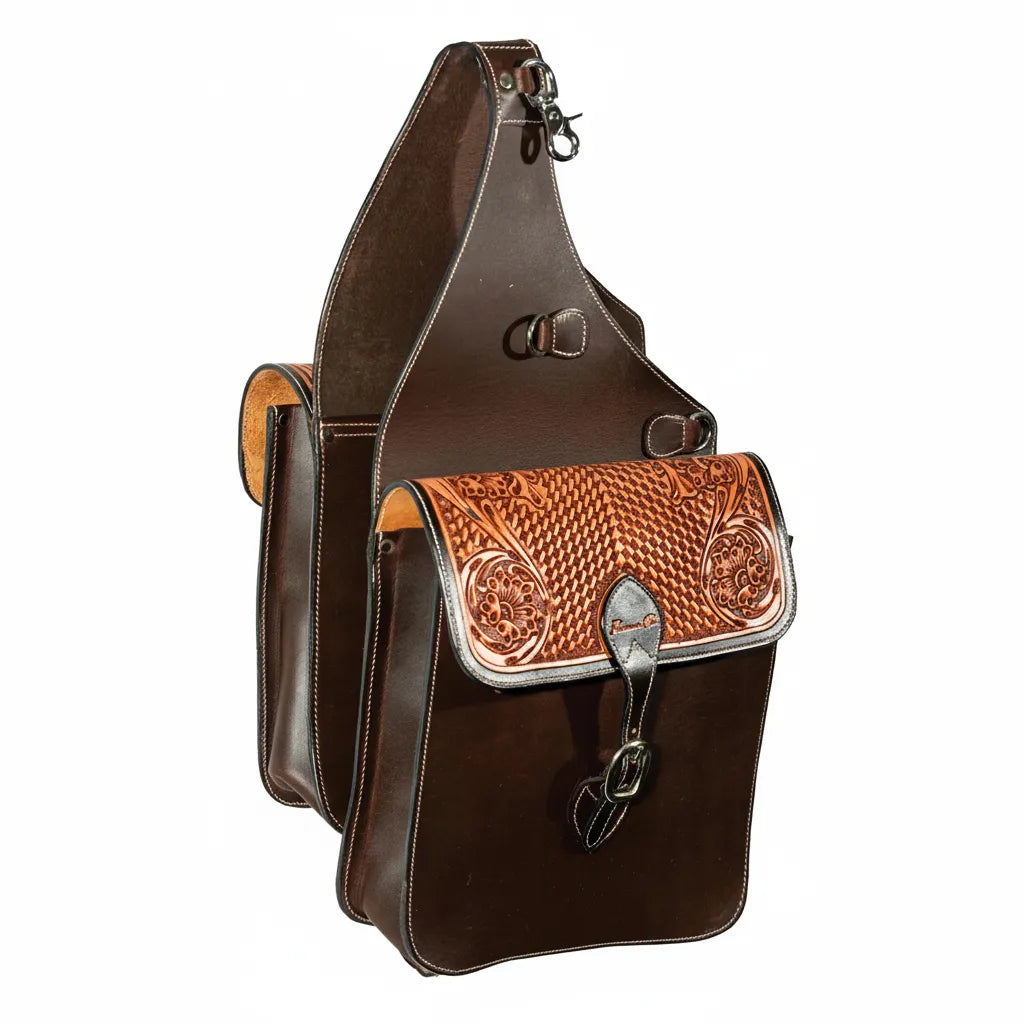 Professional's Choice Hand-Tooled Leather Western Horse Saddle Bag in rich espresso brown. Features a stunning floral and basketweave hand-carved flap in natural leather tones. This premium full-grain leather horse tack includes secure buckle closures, silver D-rings for attachment, and a spacious design large enough to fit a 32oz bottle. Perfect for trail riding, this durable saddlebag combines functional storage with classic Western style.