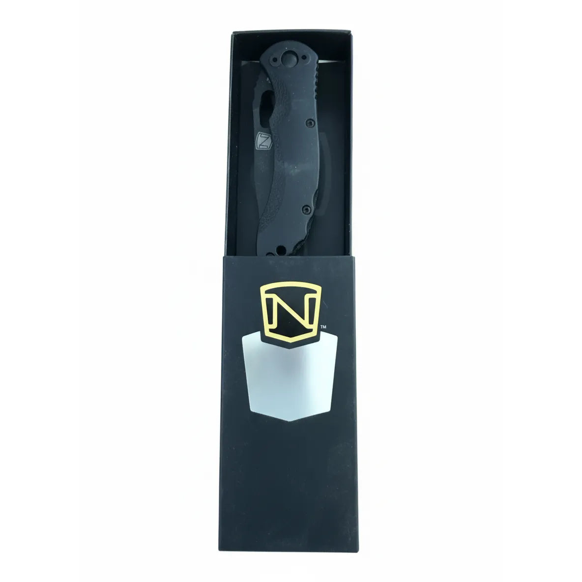 Noble Outfitters Hunter Black Switch Blade Knife featuring high-performance M390 steel and a sheep's foot blade. This tactical EDC folding knife is shown in its premium black box with a gold "N" shield logo. Designed for durability and precision, it's an essential tool for hunting, outdoor survival, and everyday carry. Sleek all-black design with a textured handle for a secure grip. Perfect gift for knife collectors and outdoor enthusiasts.
