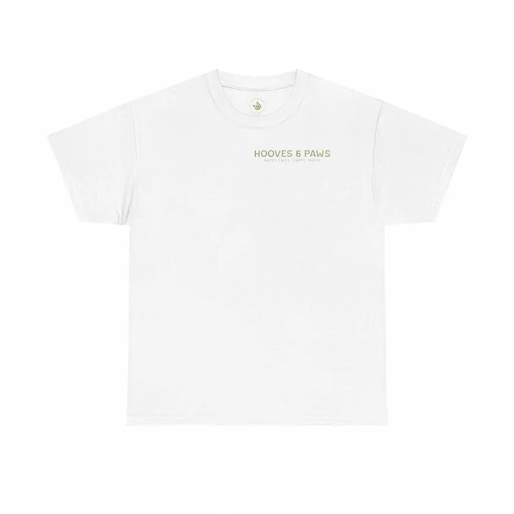 Classic white crew neck t-shirt made from 100% cotton (180 g/m²) featuring a minimalist olive green "HOOVES & PAWS" logo on the left chest. The design includes the tagline "HAPPY TAILS, HAPPY PAWS" in a clean, modern font. This premium mid-weight graphic tee is perfect for animal lovers looking for a comfortable and stylish basic. Ideal for casual wear or as a thoughtful gift for pet enthusiasts.