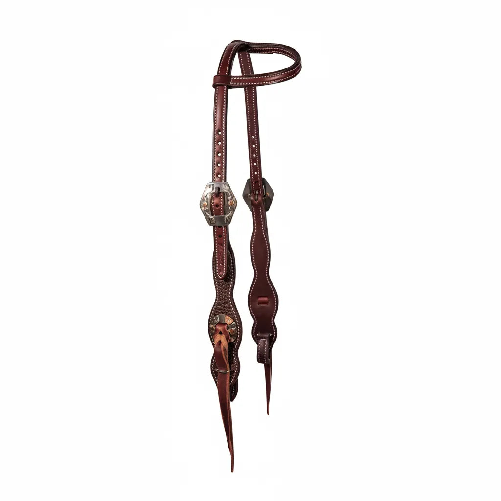 Professional's Choice Hardsteel Bison One-Ear Headstall in rich chocolate brown leather with white contrast stitching. This Western horse tack features scalloped cheek pieces detailed with ornate silver and copper buckles and matching conchos. Made from high-quality bison leather for durability and style, this premium headstall is ideal for competitive performance or everyday riding.