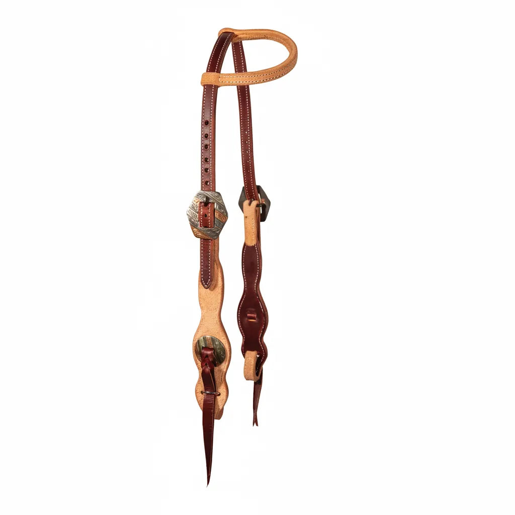 Professional's Choice Roughout Single Ear Headstall featuring a stylish contrast of light tan roughout and dark mahogany leather. This premium western horse tack includes engraved silver buckles and conchos for a classic show look. Designed with a convenient quick-change bit loop system and adjustable cheeks, it is durable, functional gear perfect for competitive performance, ranch work, or trail riding.