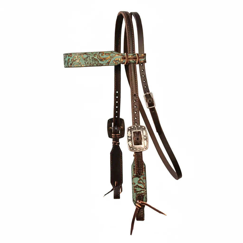 Professional's Choice Copper Emerald Browband Headstall crafted from premium 5/8" dark brown leather. This Western horse headstall features exquisite hand-painted emerald green and copper floral tooling on the browband and cheekpieces. Finished with engraved stainless steel buckles and tie-bit ends, this durable and stylish tack is perfect for show, trail, or barrel racing. Full-size horse equipment designed for both performance and western flair.