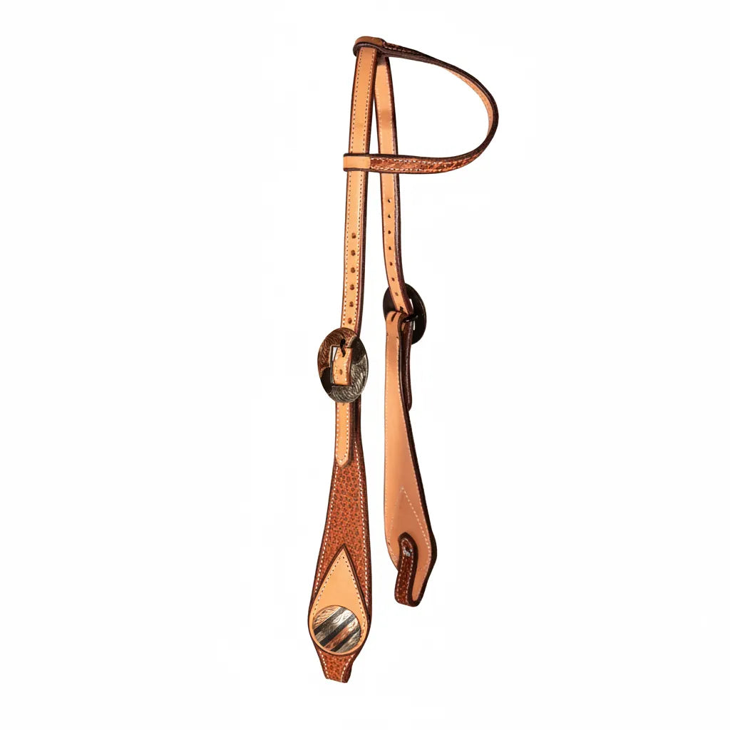 Professional's Choice Bison Leather One-Ear Headstall in natural tan with elegant white double-stitching. This premium Western horse tack features flared teardrop cheekpieces with a pebbled texture and striped, silver-toned concho buckles for an adjustable, secure fit. Crafted from durable, high-quality bison leather, this stylish sliding one-ear headstall is perfect for horse shows, ranch work, or everyday trail riding.