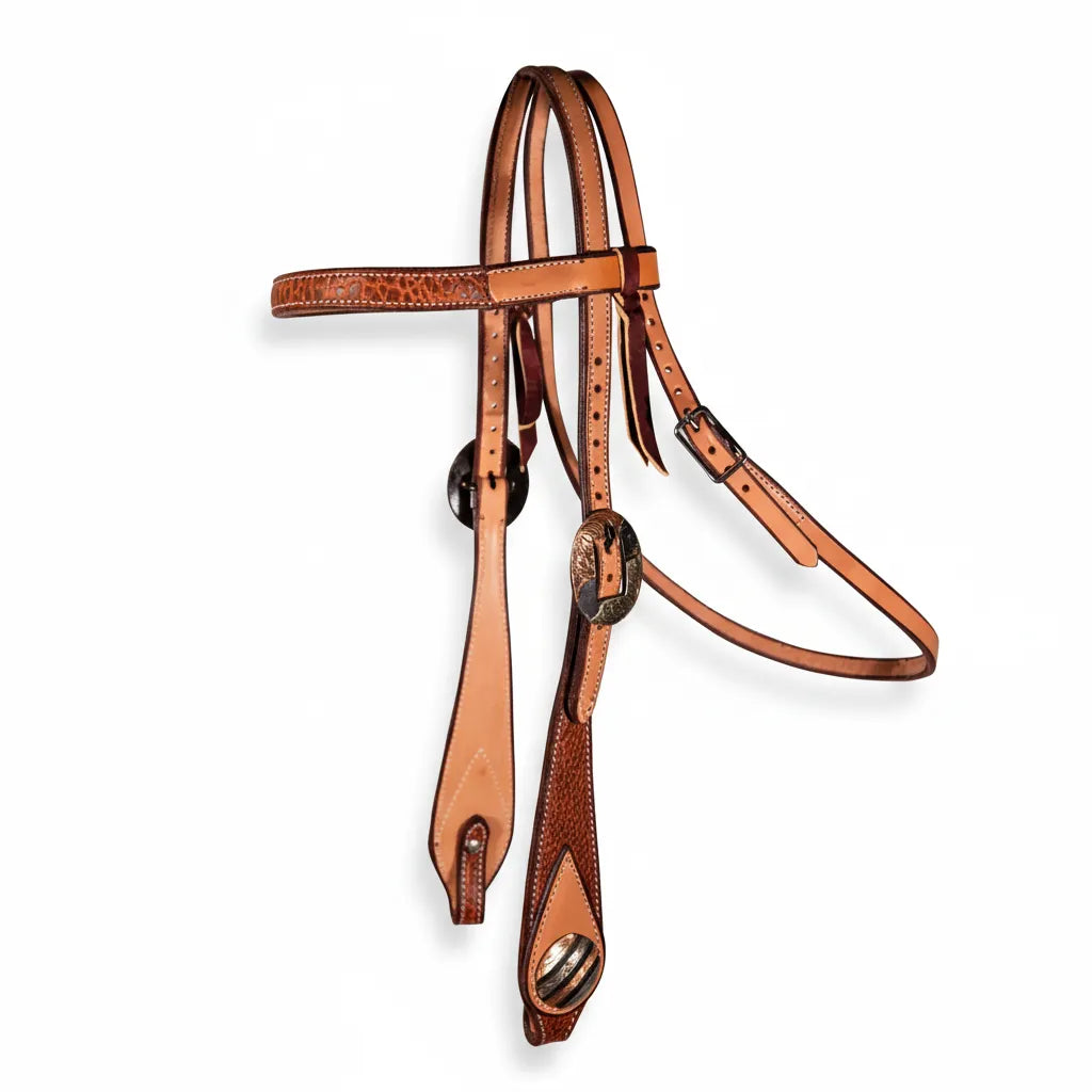 Professional's Choice Bison Leather Swell Cheek Headstall in a rich tan and cognac finish. This high-quality Western browband headstall features textured bison leather overlays, decorative engraved buckles, and distinctive swell cheeks. Crafted with precision contrast stitching and adjustable straps, it's a durable and stylish addition to any Western tack collection, perfect for horse shows, training, or trail riding.