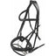Shires Velociti Dressage Bridle with Flash in premium black leather, featuring an ergonomically shaped padded headpiece for horse comfort and pressure relief. This elegant equestrian horse bridle includes a padded noseband, matching browband, and stainless steel hardware for a sleek, professional look. High-quality anatomical tack designed for performance and style in the dressage arena.