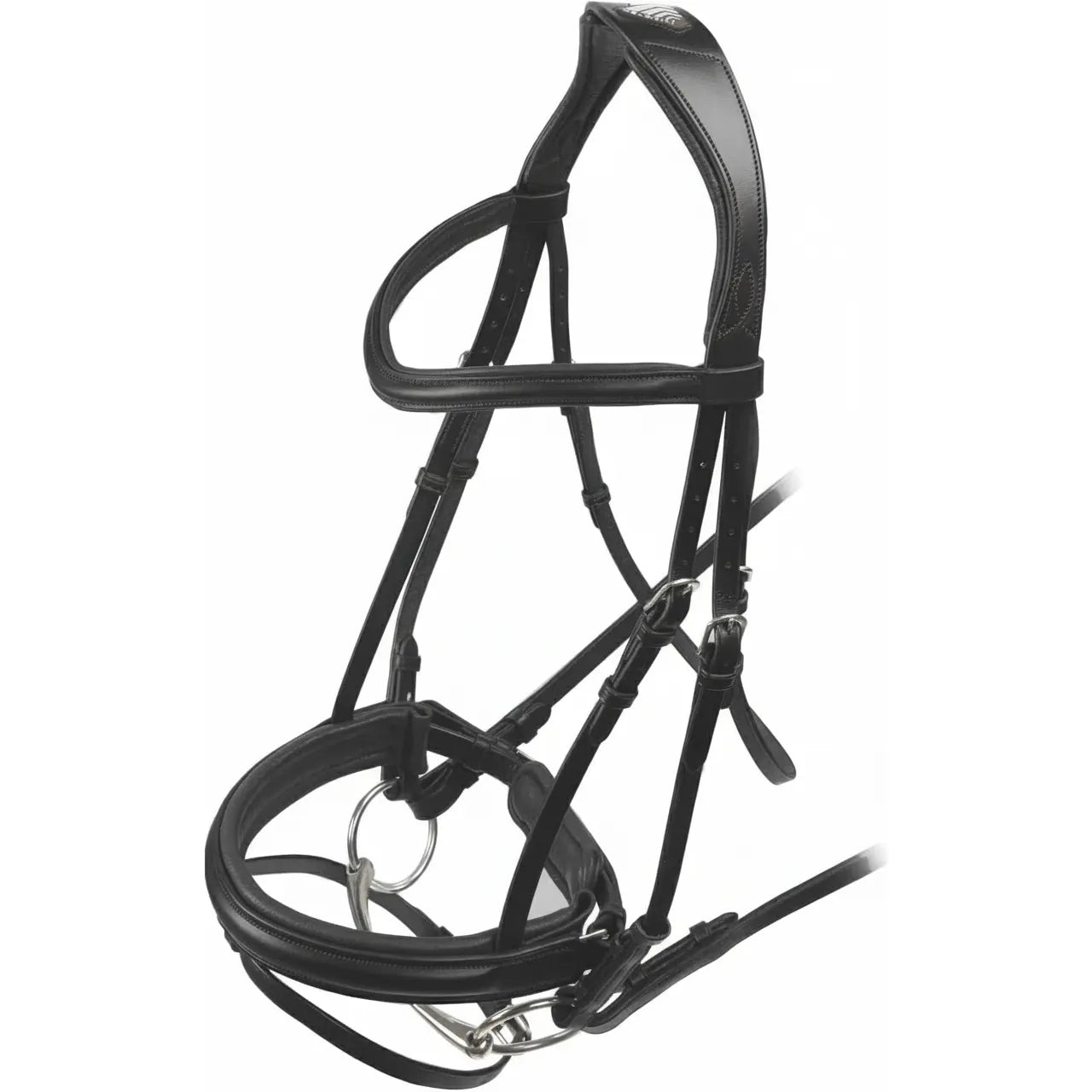 Shires Velociti Dressage Bridle with Flash in premium black leather, featuring an ergonomically shaped padded headpiece for horse comfort and pressure relief. This elegant equestrian horse bridle includes a padded noseband, matching browband, and stainless steel hardware for a sleek, professional look. High-quality anatomical tack designed for performance and style in the dressage arena.