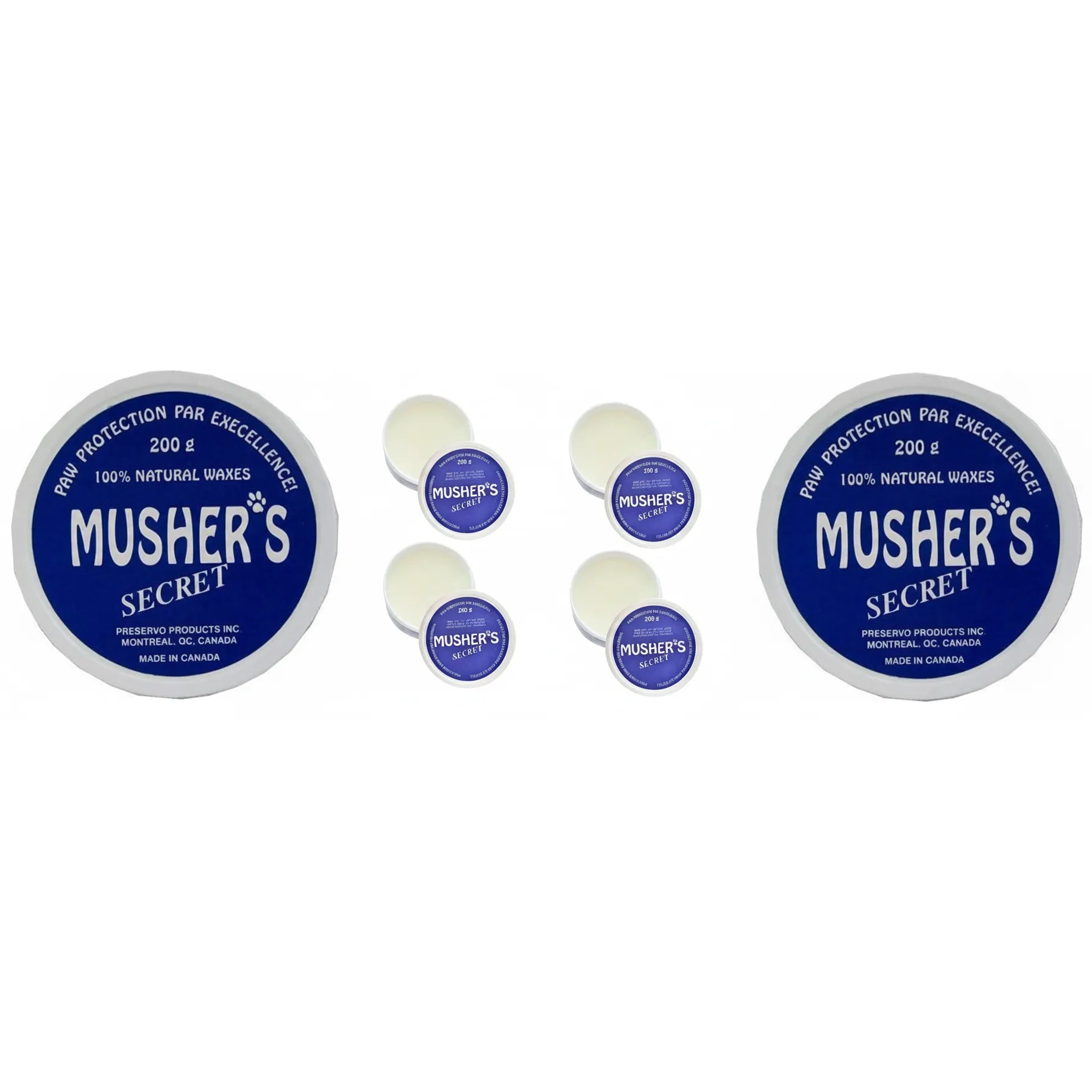Six containers of Musher's Secret Paw Protection Wax 200g, featuring blue and white labels. This 100% natural wax moisturizer creates an invisible boot for dogs, acting as an all-season shield against snow, ice, salt, and hot pavement. Made in Canada, this paw balm is perfect for active pets needing protection during winter hikes or summer walks. A must-have pet care essential for year-round paw health and comfort.
