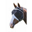 Shires Fine Mesh Fly Mask with Ears in black and white shown on a bay horse. This high-quality horse fly mask offers 60% UV and midge protection, featuring breathable fine mesh, ear covers, and soft padding for a comfortable, secure fit. Perfect for protecting your horse from irritating insects and sun damage during summer turnout. Essential equestrian gear for superior fly and sun protection.