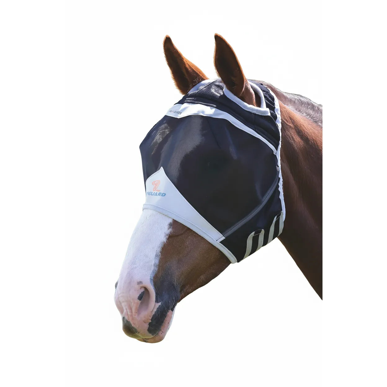 Shires Fine Mesh Fly Mask with Ears in black and white shown on a bay horse. This high-quality horse fly mask offers 60% UV and midge protection, featuring breathable fine mesh, ear covers, and soft padding for a comfortable, secure fit. Perfect for protecting your horse from irritating insects and sun damage during summer turnout. Essential equestrian gear for superior fly and sun protection.