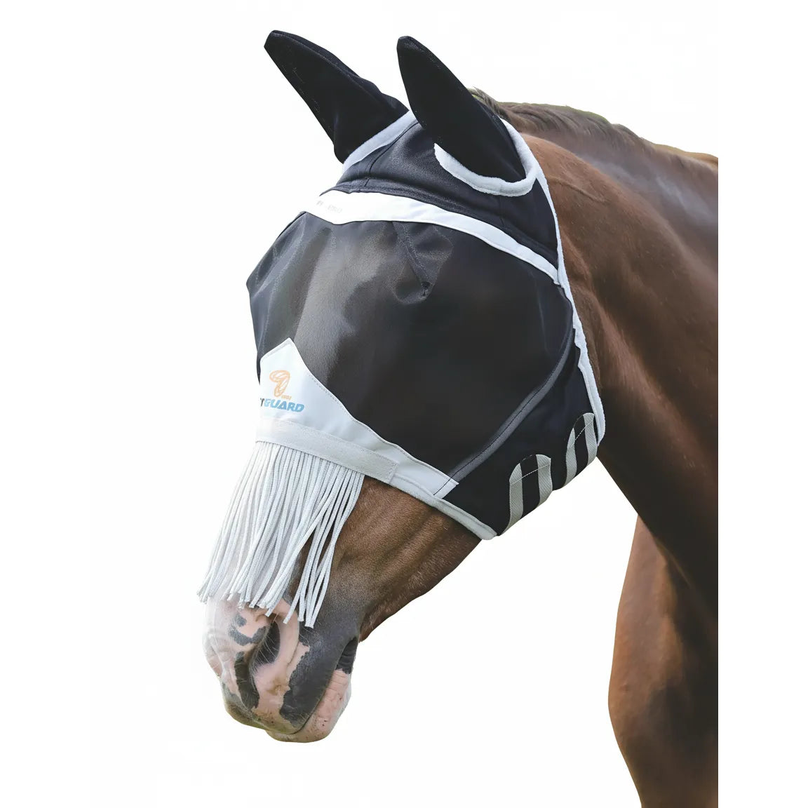 Shires Flyguard Fine Mesh Horse Fly Mask with Ears and Nose Fringe. This black and white fly mask provides 60% UV protection, featuring breathable mesh for clear vision, soft ear covers, and a white fringe at the muzzle to keep flies away. An essential piece of equine summer gear designed for durability and maximum horse comfort during turnout.