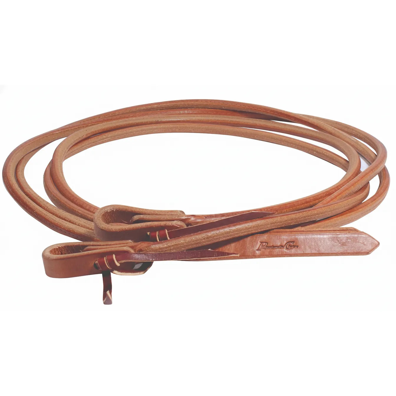 Premium Professional's Choice Round Hermann Oak Leather Split Reins in rich chestnut brown. These high-quality 2-piece western horse reins feature durable waterloop ends with tie strings and an embossed logo. Perfect for western performance, training, or everyday riding, these round leather reins combine a classic aesthetic with professional-grade strength. Essential gear for any horse owner’s western tack collection.