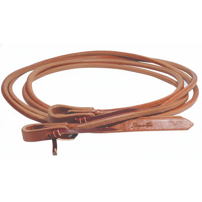 Premium Professional's Choice Round Hermann Oak Leather Split Reins in rich chestnut brown. These high-quality 2-piece western horse reins feature durable waterloop ends with tie strings and an embossed logo. Perfect for western performance, training, or everyday riding, these round leather reins combine a classic aesthetic with professional-grade strength. Essential gear for any horse owner’s western tack collection.