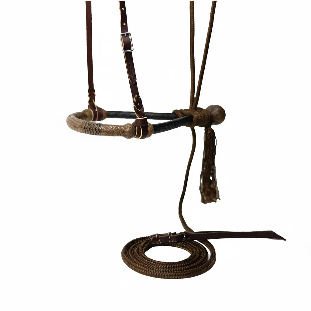 Professional's Choice Premium Braided Leather Training Rawhide Bosal in Black/Chocolate. Features a hand-braided rawhide noseband, dark chocolate leather headstall with silver buckle, and a coordinating brown braided rope mecate with a horsehair tassel. This professional-grade hackamore setup is ideal for western horse training, offering durability and refined control for riders and trainers seeking high-quality equestrian tack.
