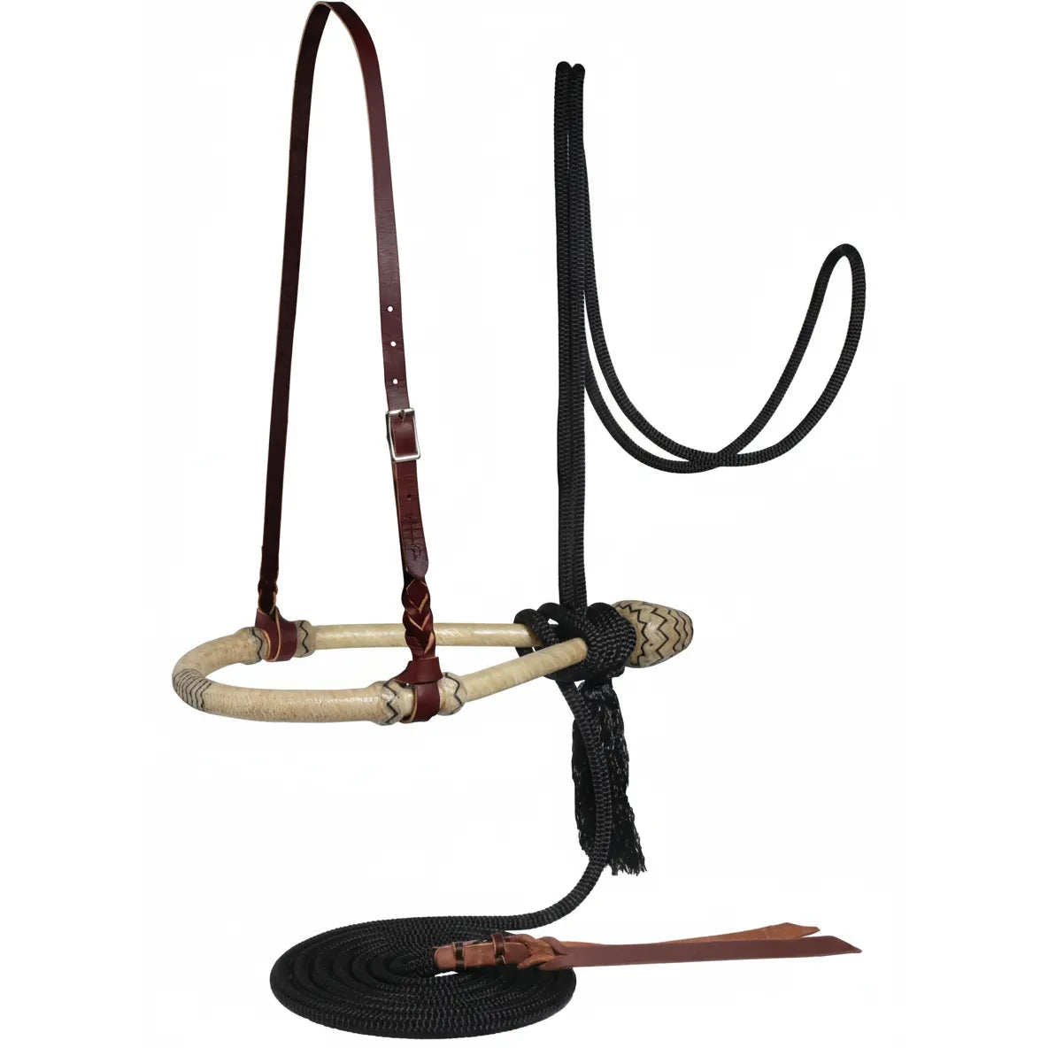 Professional's Choice Bosal and Mecate Set featuring a natural cream rawhide bosal with decorative braiding. This western horse training headstall includes a premium dark brown blood knot latigo leather hanger and a black rope mecate with a tassel and leather popper ends. Ideal for horsemen seeking professional-grade bitless tack for natural horsemanship and reining.