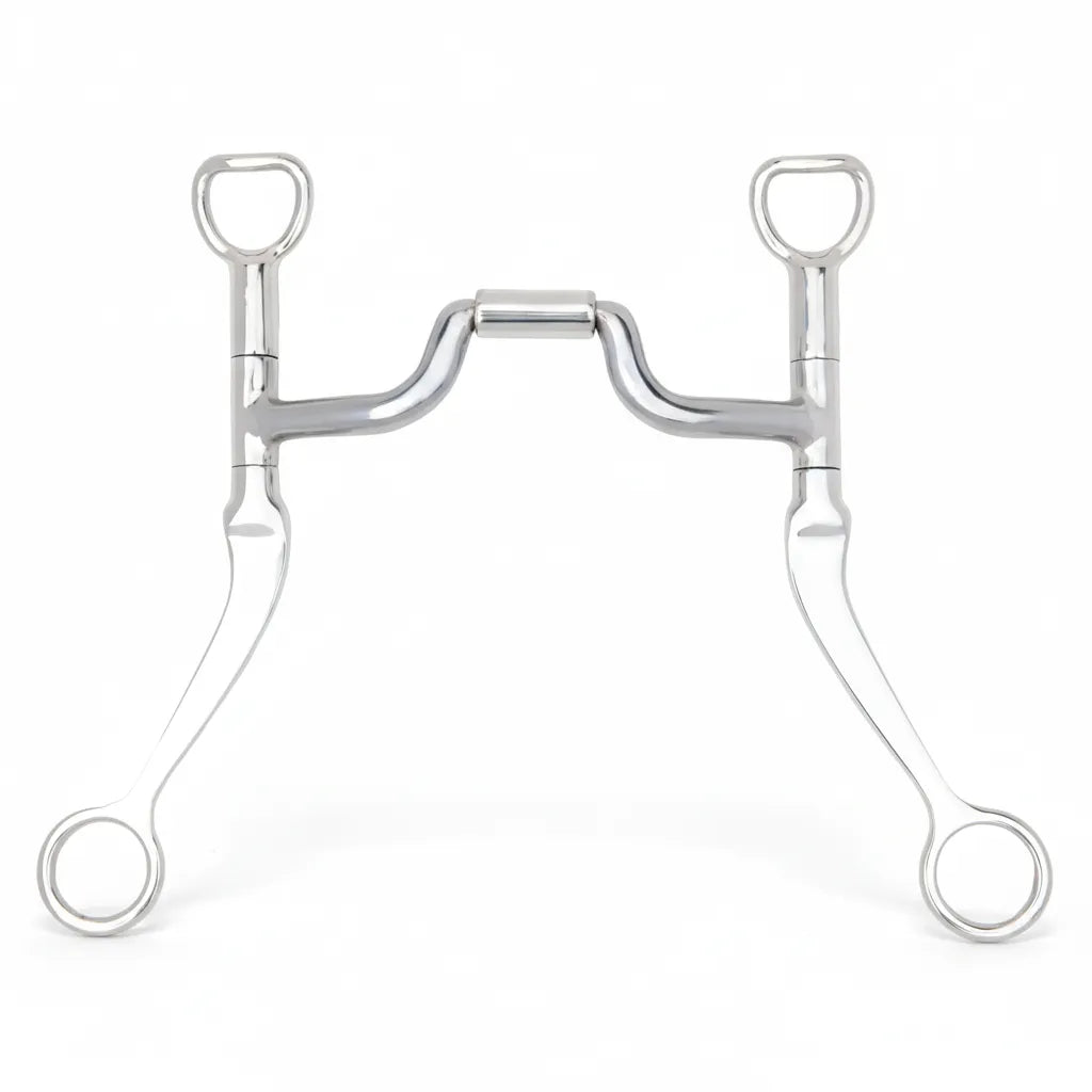 Polished stainless steel horse bit featuring a flat shank and a medium ported barrel narrow MB 43MP mouthpiece. This 5-inch Western curb bit is designed for precise communication and comfort, with sleek silver-toned metal and independent side movement. Ideal for equestrian tack collections, horse training, and western riding disciplines like trail or reining.