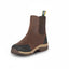 Shires Moretta Genoa XGRIP premium brown leather paddock boots for equestrian activities. Features include a reinforced black rubberized toe and heel cap for durability, elasticated side panels, and a yellow branded pull tab. The shock-absorbing midsole and rugged all-terrain outsole provide excellent grip and comfort. Ideal high-performance short riding boots for stable work and all-day wear.