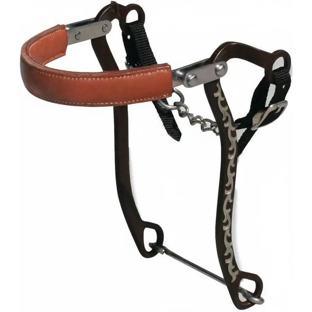 Professional's Choice Bob Avila Floral Mechanical Hackamore featuring silver scrollwork on dark brown 8.5-9 inch shanks. This premium Western horse tack includes a padded tan leather noseband, 5-inch width, and a black nylon curb strap with a silver chain. Ideal for bitless training and performance, combining style and control for equestrian enthusiasts. High-quality lever-action hackamore bit for refined horse communication.