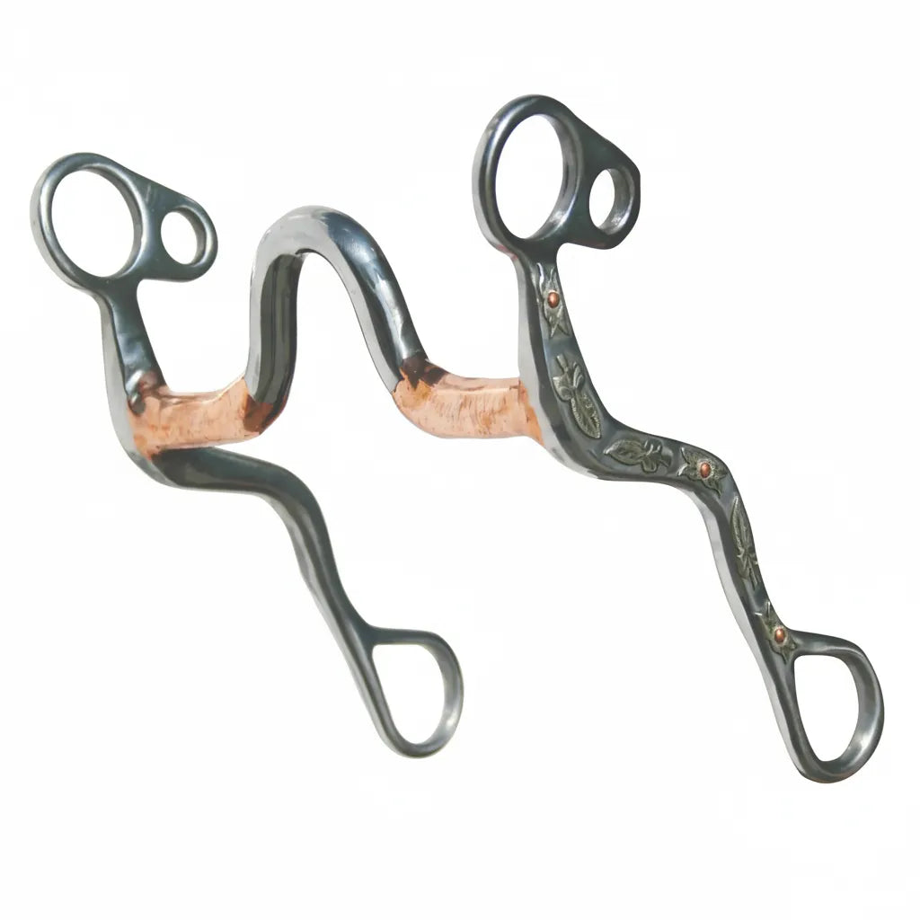 Professional's Choice Bob Avila AV Leaf Shank Western Horse Bit featuring a 5-inch sweet iron mouthpiece with copper inlays and a medium port for tongue relief. The 7.5-inch shanks showcase intricate silver leaf engravings and teardrop rein loops. This high-quality, professional equestrian tack combines performance and western style, making it a must-have for horse training and show rings. Perfect for your equestrian gear wishlist.