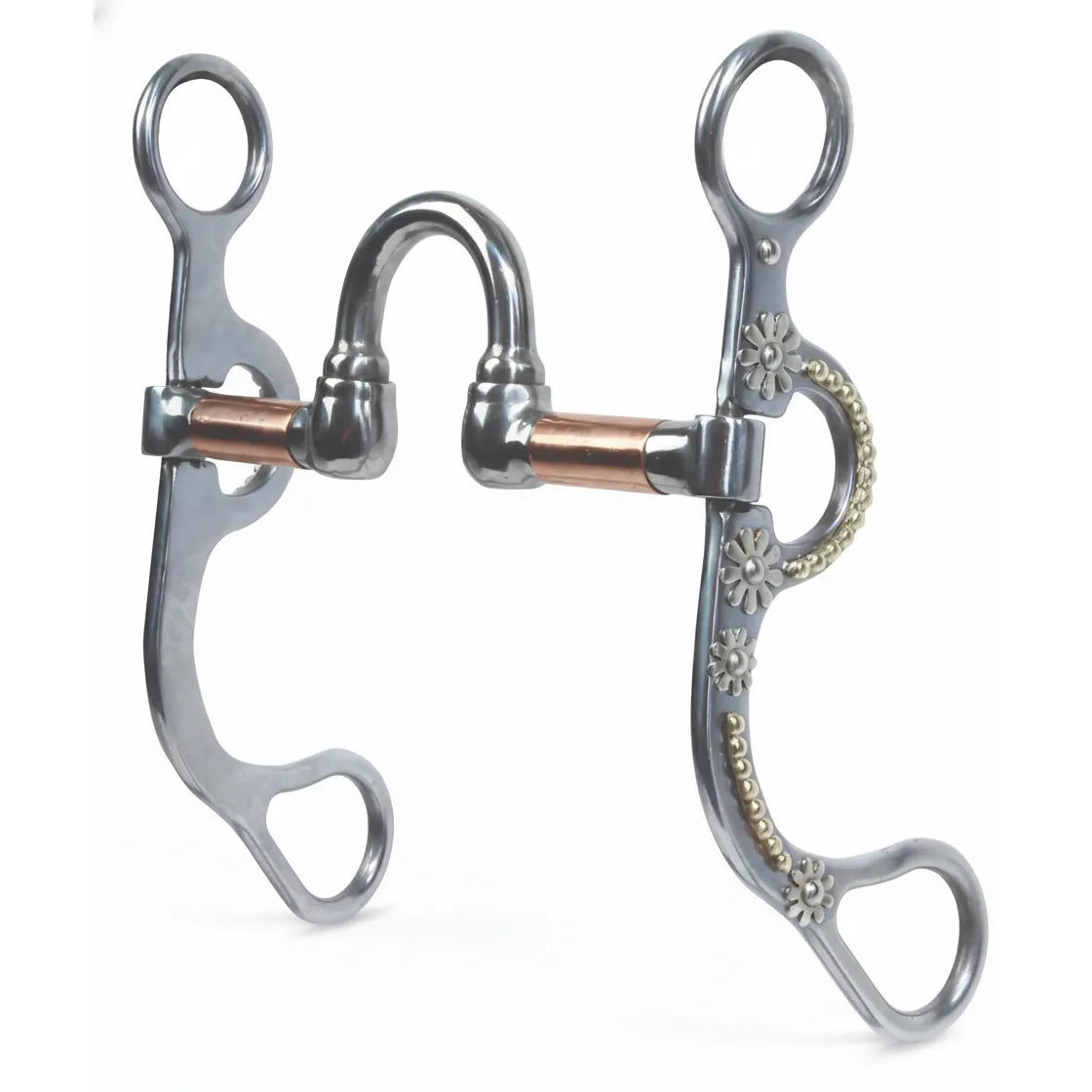 Professional's Choice Bob Avila Daisy Correction Bit featuring a 5-inch sweet iron mouthpiece with copper rollers and ornate 6-inch shanks. This stylish western horse bit showcases beautiful raised silver daisy patterns and golden bead detailing along the shanks. Designed for refined communication and control, it's a perfect blend of high-performance function and classic equestrian style for competitive show rings or daily training.