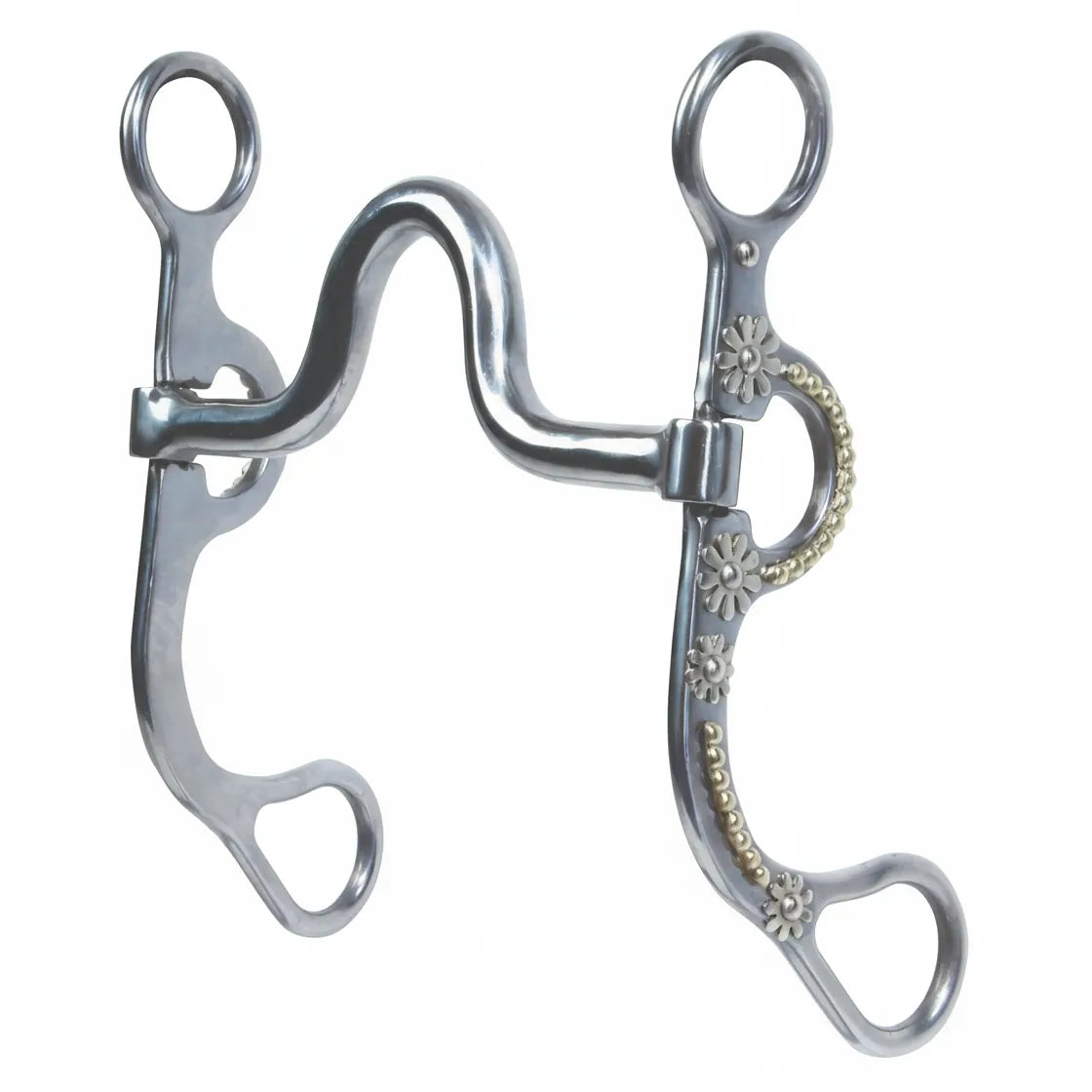 Professional's Choice Bob Avila AV Daisy Medium Port Horse Bit featuring a 5-inch sweet iron mouthpiece and 2-inch port. The 6-inch curved shanks are beautifully decorated with silver floral daisy overlays and gold-colored bead accents. This elegant western curb bit offers refined control and a stylish look, ideal for performance horses and western show equipment.
