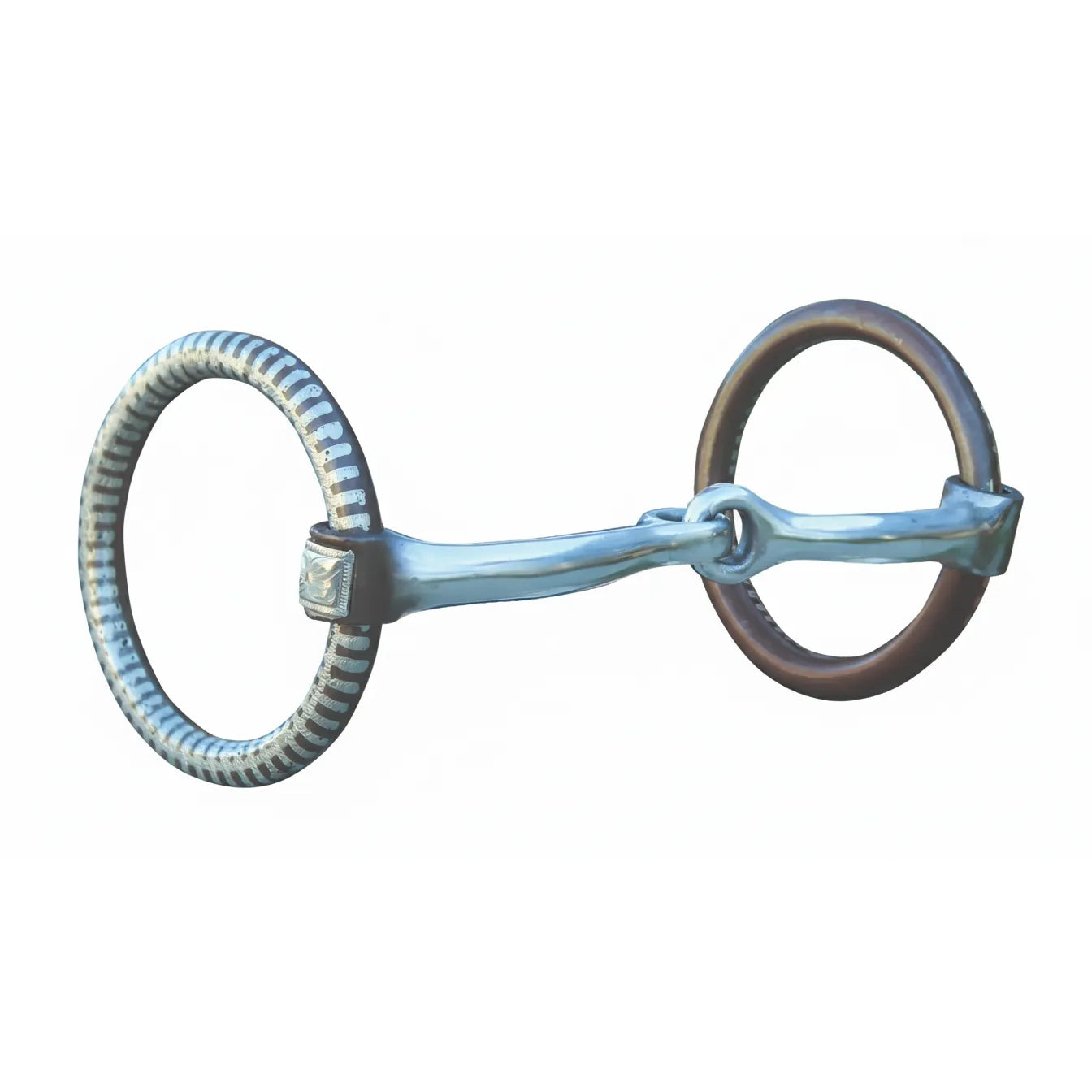 Professional's Choice Bob Avila O-Ring Snaffle Horse Bit featuring a 5-inch jointed sweet iron and copper mouthpiece to encourage salivation. This high-quality western bit includes 3.5-inch loose O-rings with stylish silver inlay detailing. Ideal for equestrian training and competition, it combines durability with a classic look, ensuring effective communication and comfort for your horse.