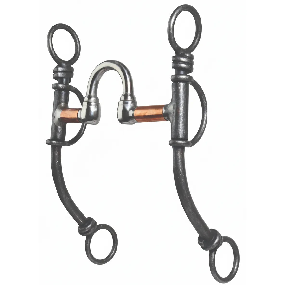 Professional's Choice AV Correction Bit featuring a sweet iron mouthpiece with copper inlays and independent side movement. This western horse bit includes a high port and elegantly curved shanks, designed for precise communication and leverage. The dark sweet iron finish promotes salivation and a soft mouth. Perfect for advanced training and performance horses looking for refined control and responsiveness.