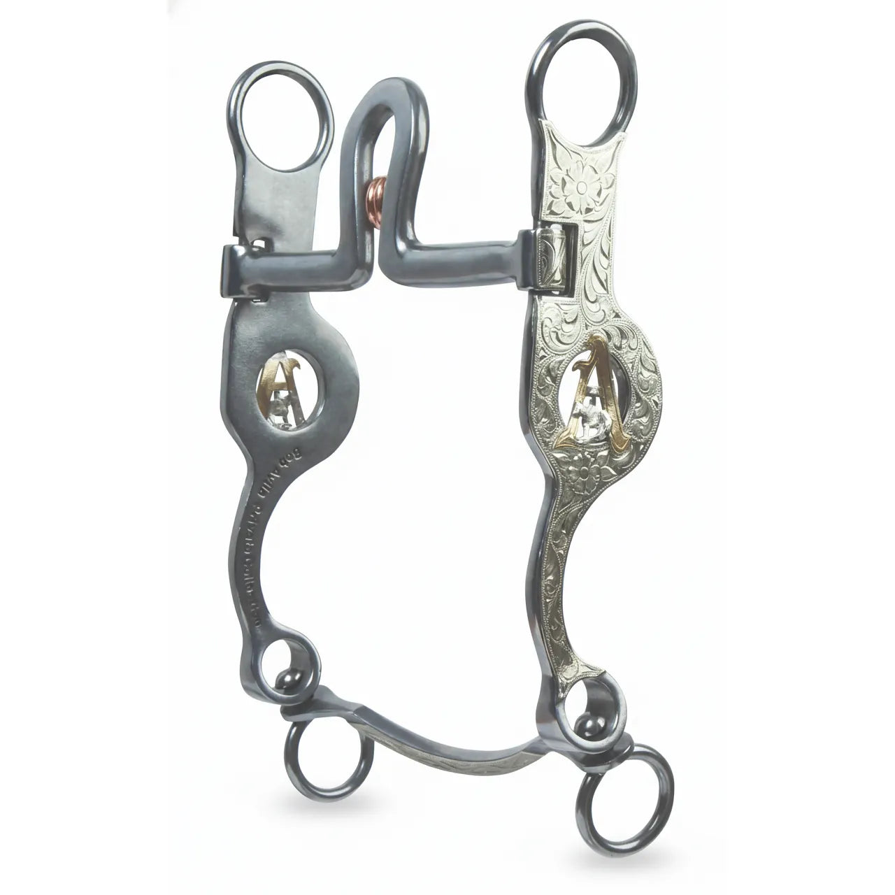 Professional's Choice Bob Avila Signature Private Collection Western Bit featuring 7.5-inch swivel shanks with intricate silver floral engraving and gold "A" brand accents. The 1.75-inch spoon port includes a copper roller, set on a dark sweet iron frame. This high-quality curb bit combines classic Western craftsmanship with performance, making it an essential piece of show horse tack for Western riding enthusiasts and collectors.