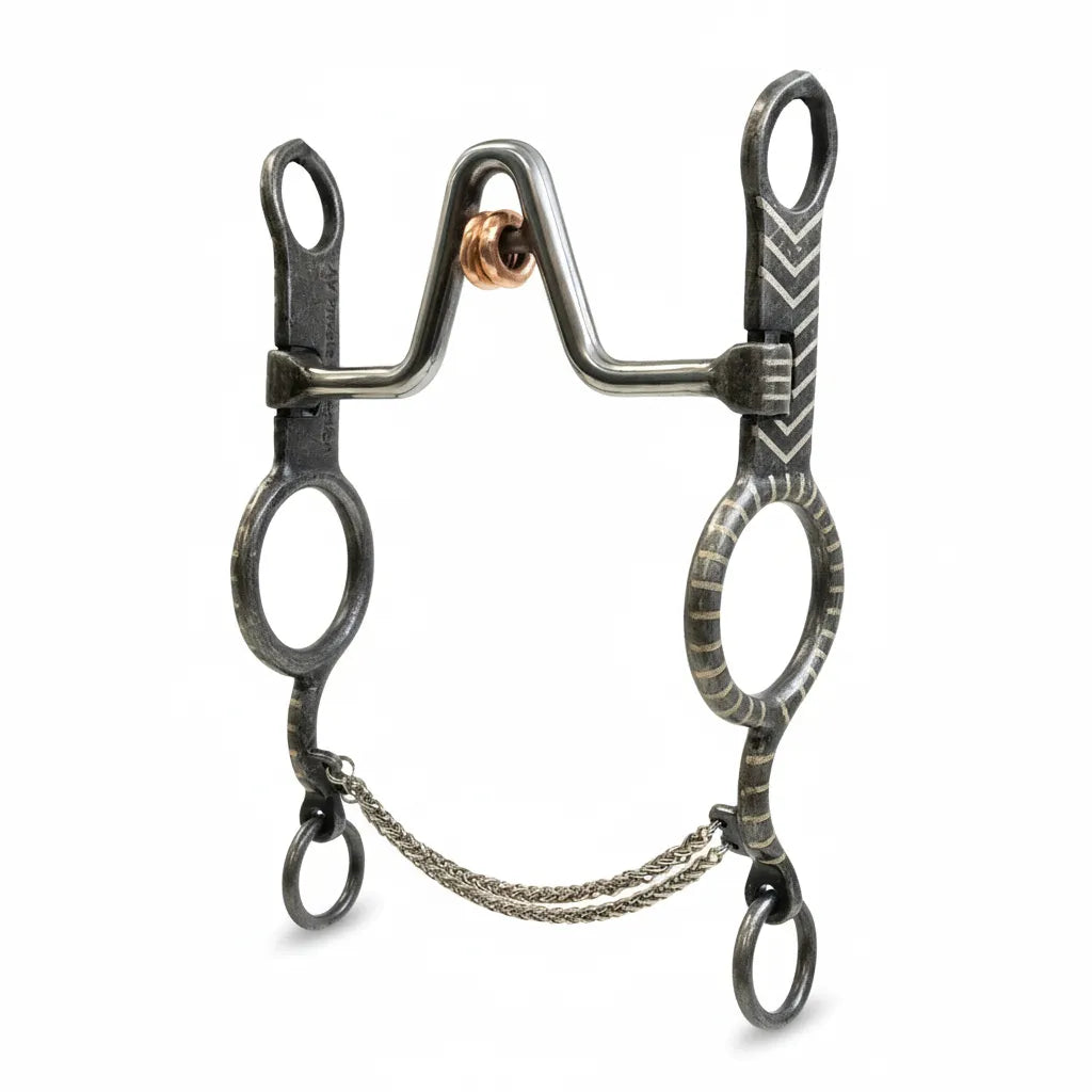 Professional's Choice AV Signature Collection Western horse bit featuring a high port with integrated copper rollers. Crafted from dark antique iron, the long shanks display elegant silver-toned chevron and striped inlays. This premium equestrian tack includes a double-link curb chain for refined communication and control. Ideal for Western performance horses, it combines artistic craftsmanship with functional design for advanced horsemanship and showing.