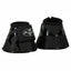 Professional's Choice black hard shell all-purpose bell boots for horse hoof protection. These durable TPU horse boots feature a shock-absorbing foam lining and a secure wide hook-and-loop strap with the brand logo. Designed for high-impact protection during riding or turnout, the sleek black design combines matte and glossy textures for a professional look in the arena or stable.