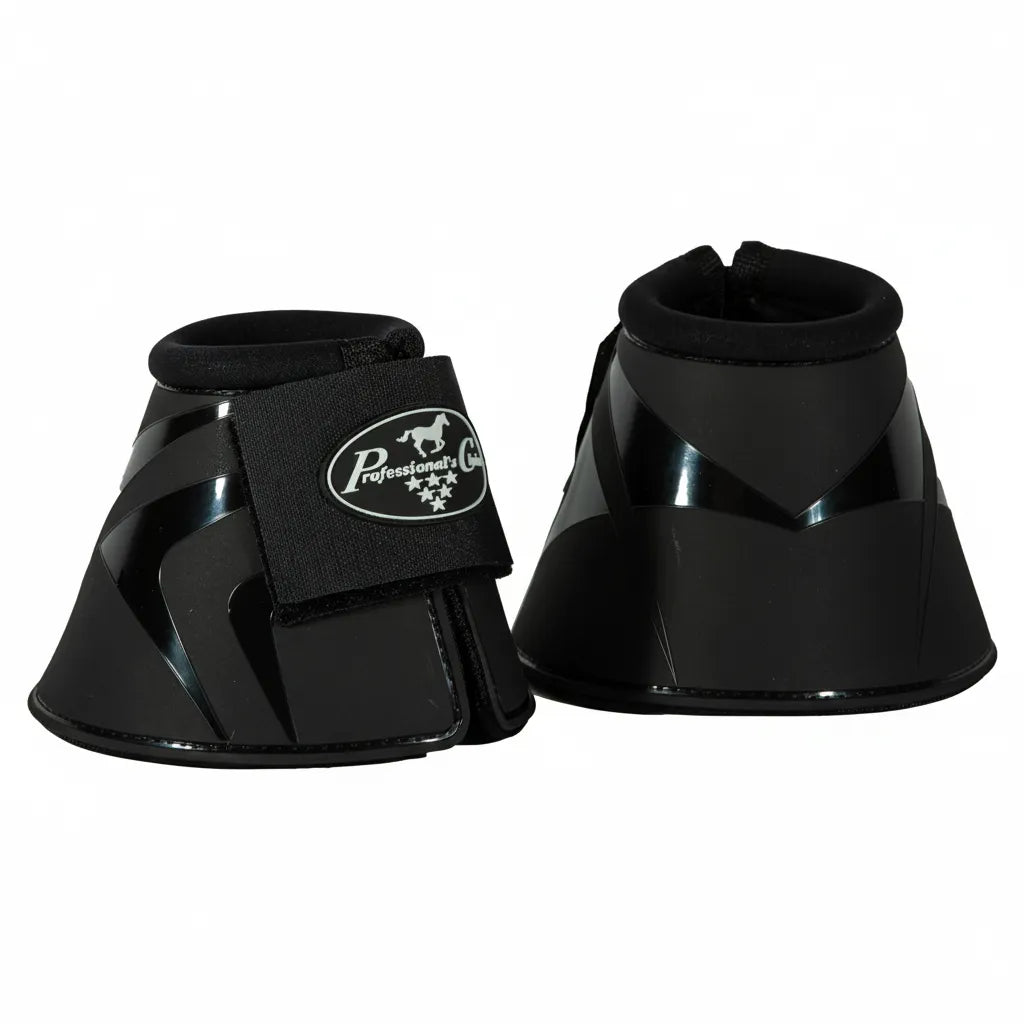 Professional's Choice black hard shell all-purpose bell boots for horse hoof protection. These durable TPU horse boots feature a shock-absorbing foam lining and a secure wide hook-and-loop strap with the brand logo. Designed for high-impact protection during riding or turnout, the sleek black design combines matte and glossy textures for a professional look in the arena or stable.