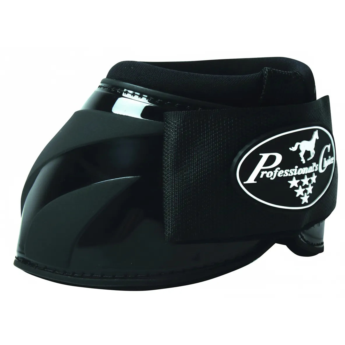 Professional's Choice Ballistic Spartan II Bell Boots in black. These no-turn equestrian bell boots feature a durable TPU shell for high-impact overreach protection. Designed with a wide, secure hook-and-loop strap featuring the Professional’s Choice logo. Sleek, high-performance protective horse gear perfect for schooling, competition, or turnout.