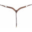 Martin Saddlery western breastcollar in a weathered antique finish featuring a 2-inch wide strap with intricate basketweave tooling. This Y-shaped leather horse tack includes durable silver-tone shoulder rings, white contrast stitching, and a center brass snap for secure cinch attachment. A classic and rugged piece of equestrian gear ideal for western riding, ranching, and performance events.