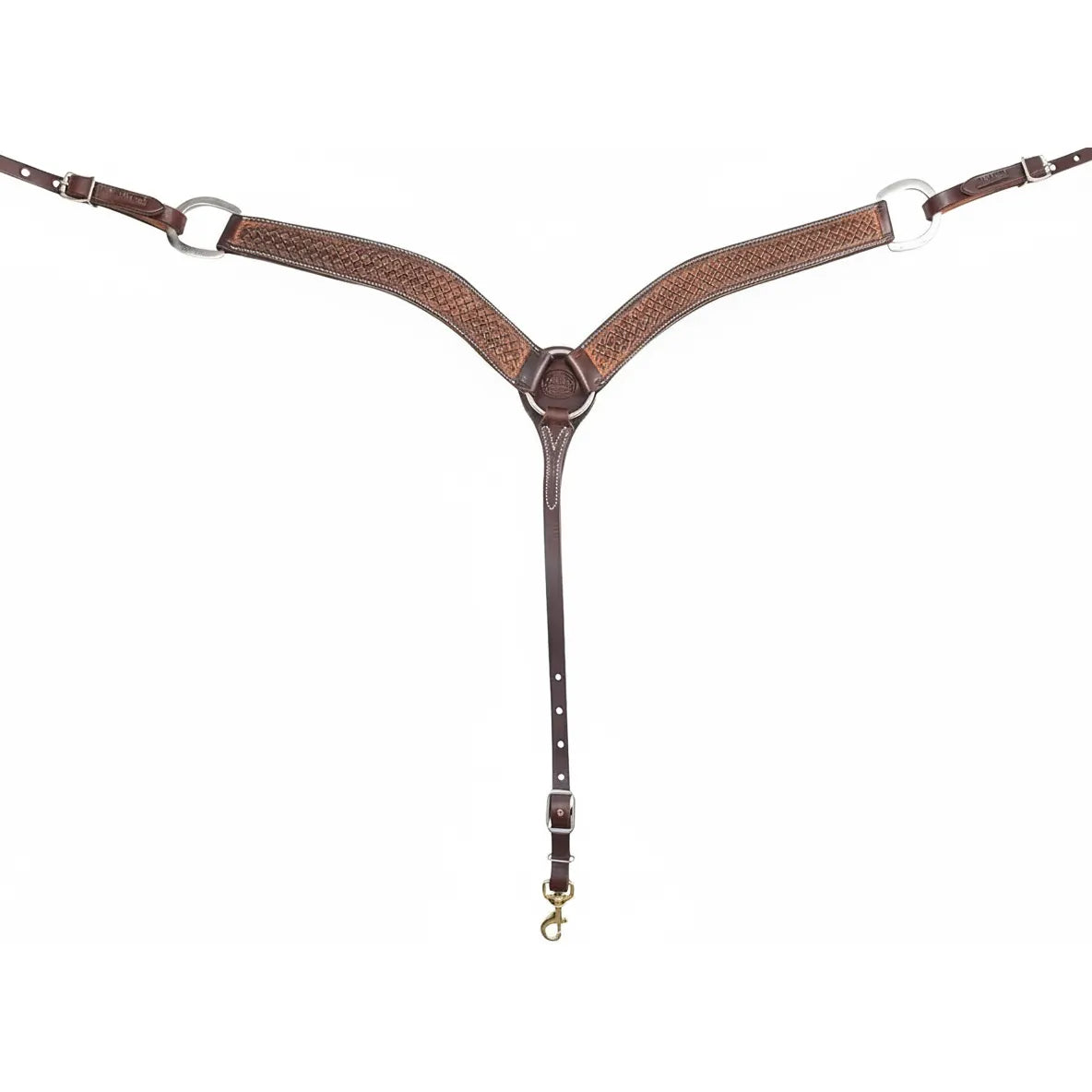 Martin Saddlery western breastcollar in a weathered antique finish featuring a 2-inch wide strap with intricate basketweave tooling. This Y-shaped leather horse tack includes durable silver-tone shoulder rings, white contrast stitching, and a center brass snap for secure cinch attachment. A classic and rugged piece of equestrian gear ideal for western riding, ranching, and performance events.
