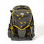 Mackey Bee Mine Equestrian Backpack in charcoal grey with a vibrant yellow bumblebee pattern and trim. This 19" x 13" horse riding gear bag features an integrated mesh helmet sling with buckle closures, side pockets for tall boots, and multiple zippered compartments. A durable and stylish equestrian stable bag with bee flight path embroidery, perfect for organizing riding apparel, helmets, and gear for the barn or horse shows.