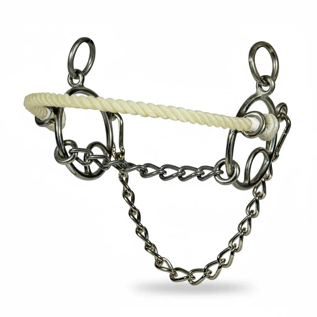 Professional's Choice Brittany Pozzi Combination Chain Bit featuring a textured cream rope noseband and a sweet iron chain mouthpiece. This high-performance equestrian tack includes 3-inch ring gags and an adjustable 10-12 inch curb chain for customized control. Designed for western riding and barrel racing, the silver metallic hardware provides durability and a professional look for competitive horse training.