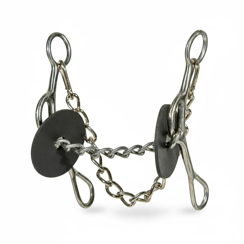 Professional's Choice Brittany Pozzi Gag Series Bit with 8-inch long stainless steel cheek shanks and a flexible chain mouthpiece. This high-performance western gag bit features protective black rubber bit guards and an included curb chain for precise leverage and control. A top-tier choice for barrel racing and performance training, this durable silver horse bit is designed for superior communication and style in the arena. Essential tack for competitive riders.