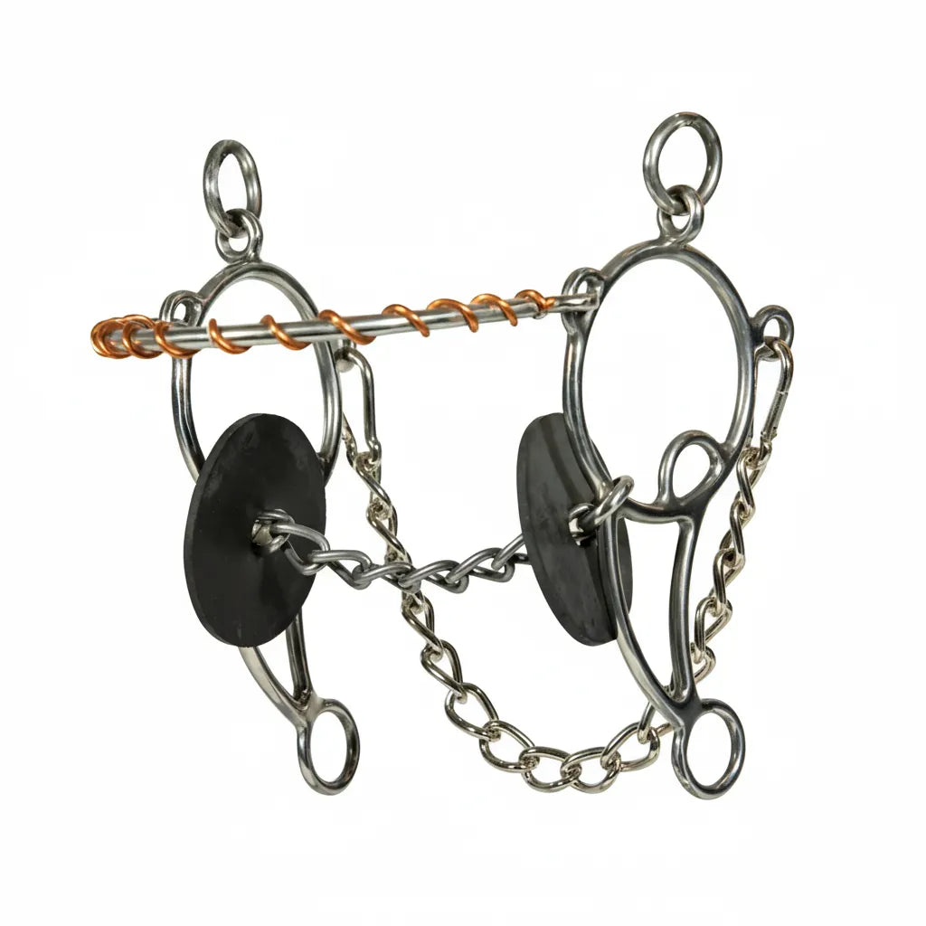 Professional's Choice Brittany Pozzi Combo Snaffle Bit featuring a 5.5-inch mild copper twisted wire mouthpiece with a central lifesaver ring. This stainless steel western horse bit includes black rubber bit guards and a silver curb chain noseband. Designed for barrel racing and precision control, it offers a blend of snaffle and leverage action. High-quality equestrian tack for better communication and responsive performance in the arena.