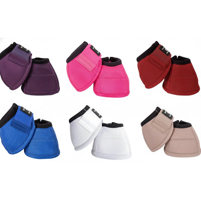 Classic Equine Dyno No-Turn Bell Boots in six colors: purple, hot pink, burgundy, royal blue, white, and tan. Made from 2520 Denier DynoHyde for durable hoof protection, these equestrian boots feature a heavy-duty fabric exterior and secure hook-and-loop closures. Ideal for preventing overreach injuries during horse training, jumping, or turnout. High-quality horse gear designed to stay in place and match your favorite tack.