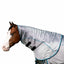 Professional's Choice Comfort-Fit Fly Neck Cover with Mane Protection in silver with vibrant blue trim. This breathable mesh neck rug protects horses from biting insects while a smooth interior lining prevents mane rubbing. Features secure hook-and-loop closures and a contoured design for a comfortable, stay-put fit. Essential summer equine gear for superior fly protection and sun safety.