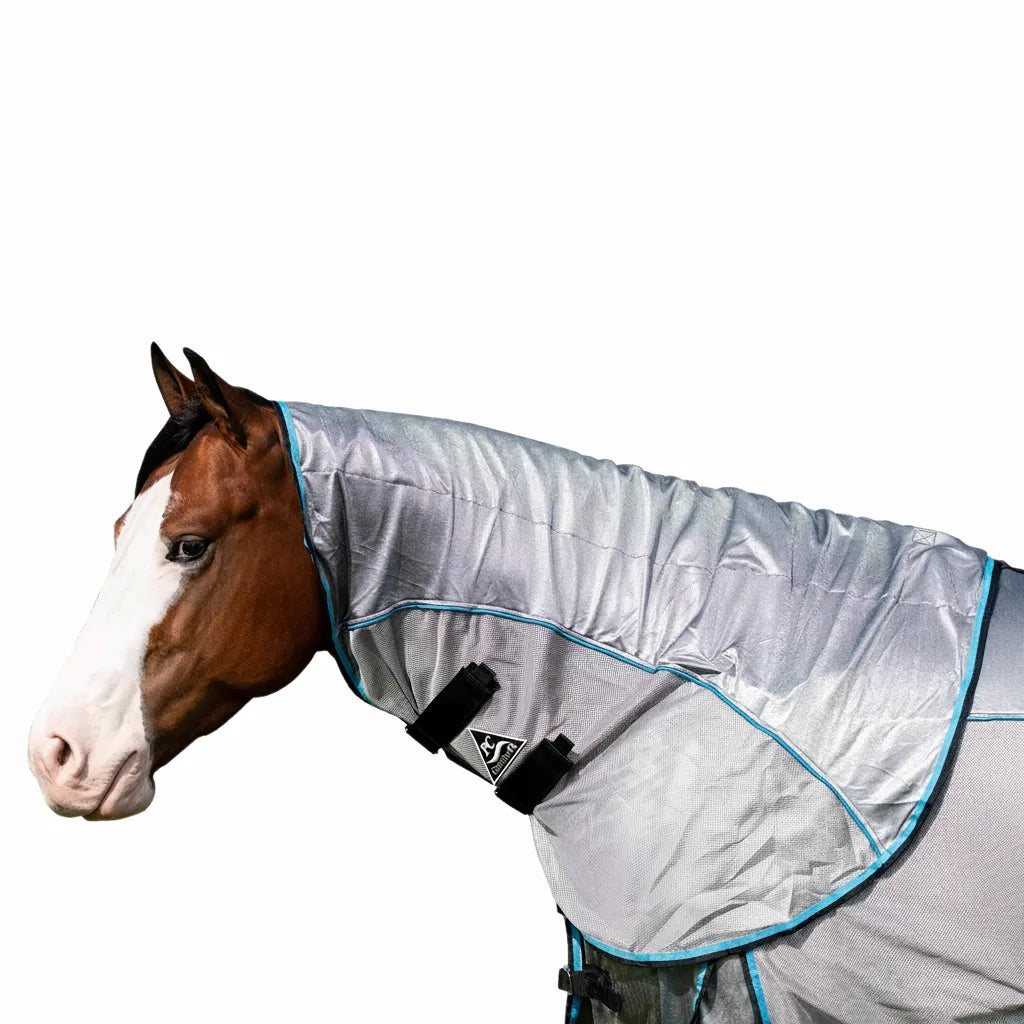 Professional's Choice Comfort-Fit Fly Neck Cover with Mane Protection in silver with vibrant blue trim. This breathable mesh neck rug protects horses from biting insects while a smooth interior lining prevents mane rubbing. Features secure hook-and-loop closures and a contoured design for a comfortable, stay-put fit. Essential summer equine gear for superior fly protection and sun safety.