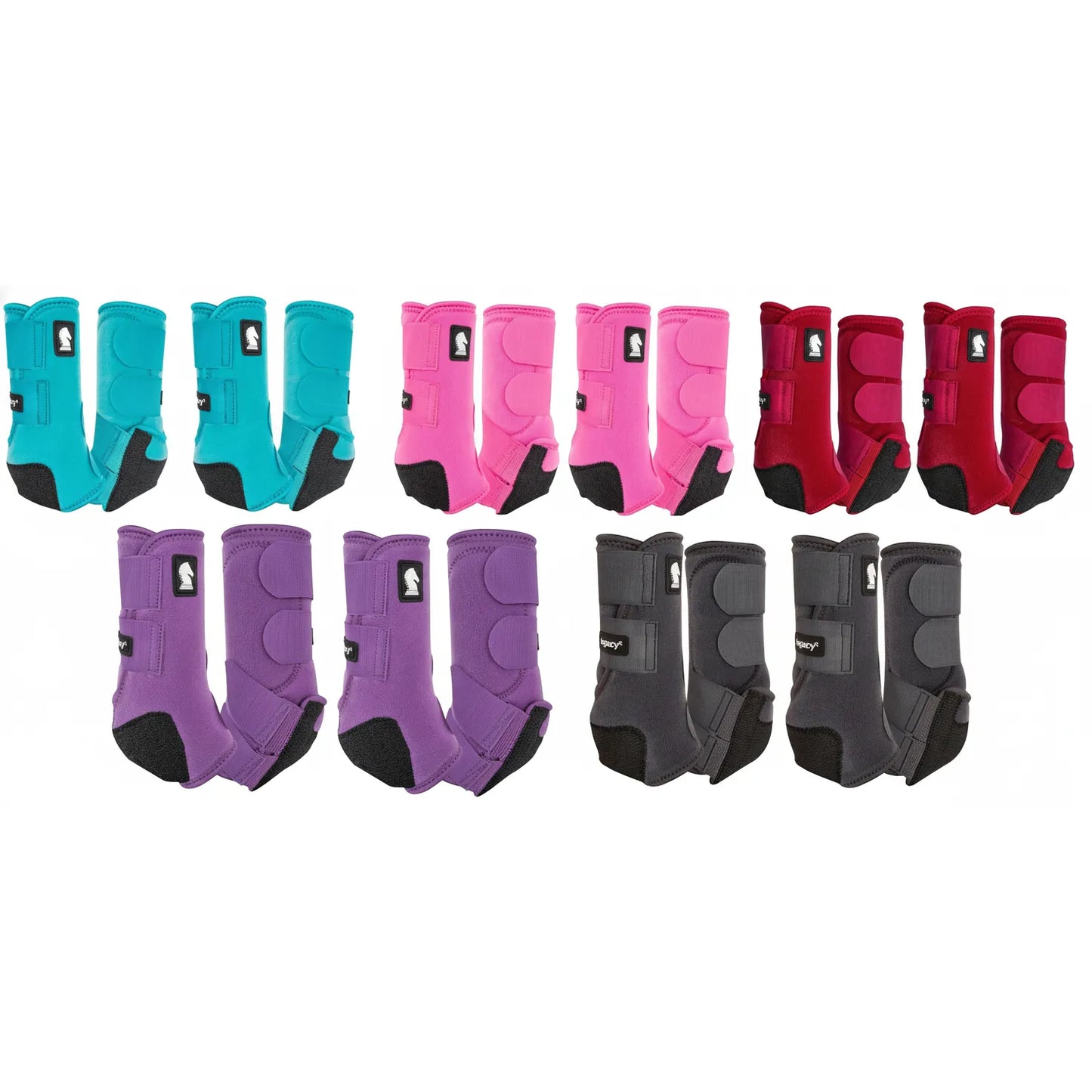 Classic Equine Legacy2 Front and Rear Horse Sport Boots 4-Pack displayed in vibrant Teal, Pink, Burgundy, Purple, and Grey. Crafted from breathable perforated neoprene, these protective splint boots offer superior fetlock support and shock absorption. The set includes two front and two hind boots with secure hook-and-loop closures and the iconic horse head logo. High-performance equestrian gear designed for maximum protection and durability during any riding discipline.