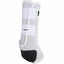 Classic Equine Legacy2 Tall Hind Protective Horse Boot in white neoprene. Features triple hook-and-loop straps for a secure fit and a reinforced black fetlock cradle for superior impact protection. Designed for high-performance equine support and breathability, these durable horse boots provide professional-grade leg protection for training or competition. Includes the iconic horse head logo and Legacy2 branding.