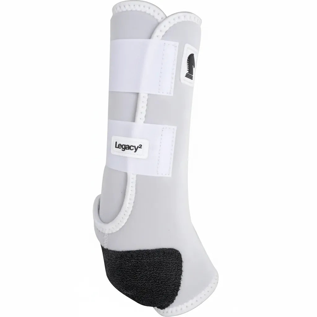 Classic Equine Legacy2 Tall Hind Protective Horse Boot in white neoprene. Features triple hook-and-loop straps for a secure fit and a reinforced black fetlock cradle for superior impact protection. Designed for high-performance equine support and breathability, these durable horse boots provide professional-grade leg protection for training or competition. Includes the iconic horse head logo and Legacy2 branding.