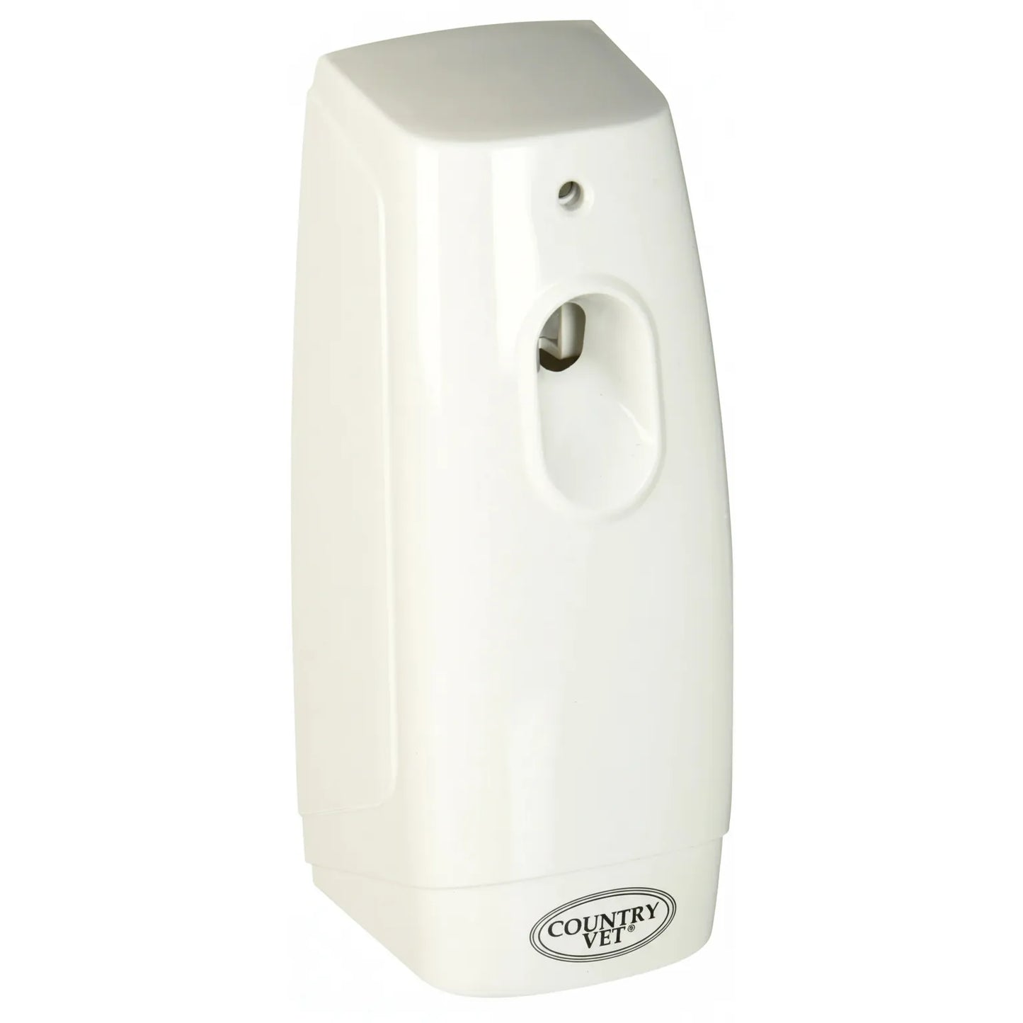 Country Vet Metered Spray Dispenser in Sandy Beige. This sleek automatic aerosol dispenser provides consistent 15-minute interval sprays, covering up to 6,000 cubic feet. Ideal for reliable odor and fly control in barns, stables, or large commercial spaces. Featuring a durable wall-mountable design with a front nozzle opening and the Country Vet logo for a professional, clean look.